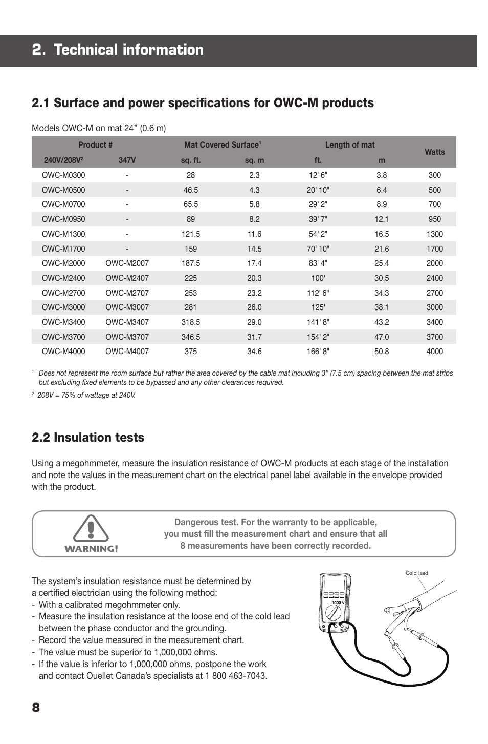 Technical information, 2 insulation tests | Ouellet OWC-M User Manual | Page 8 / 26