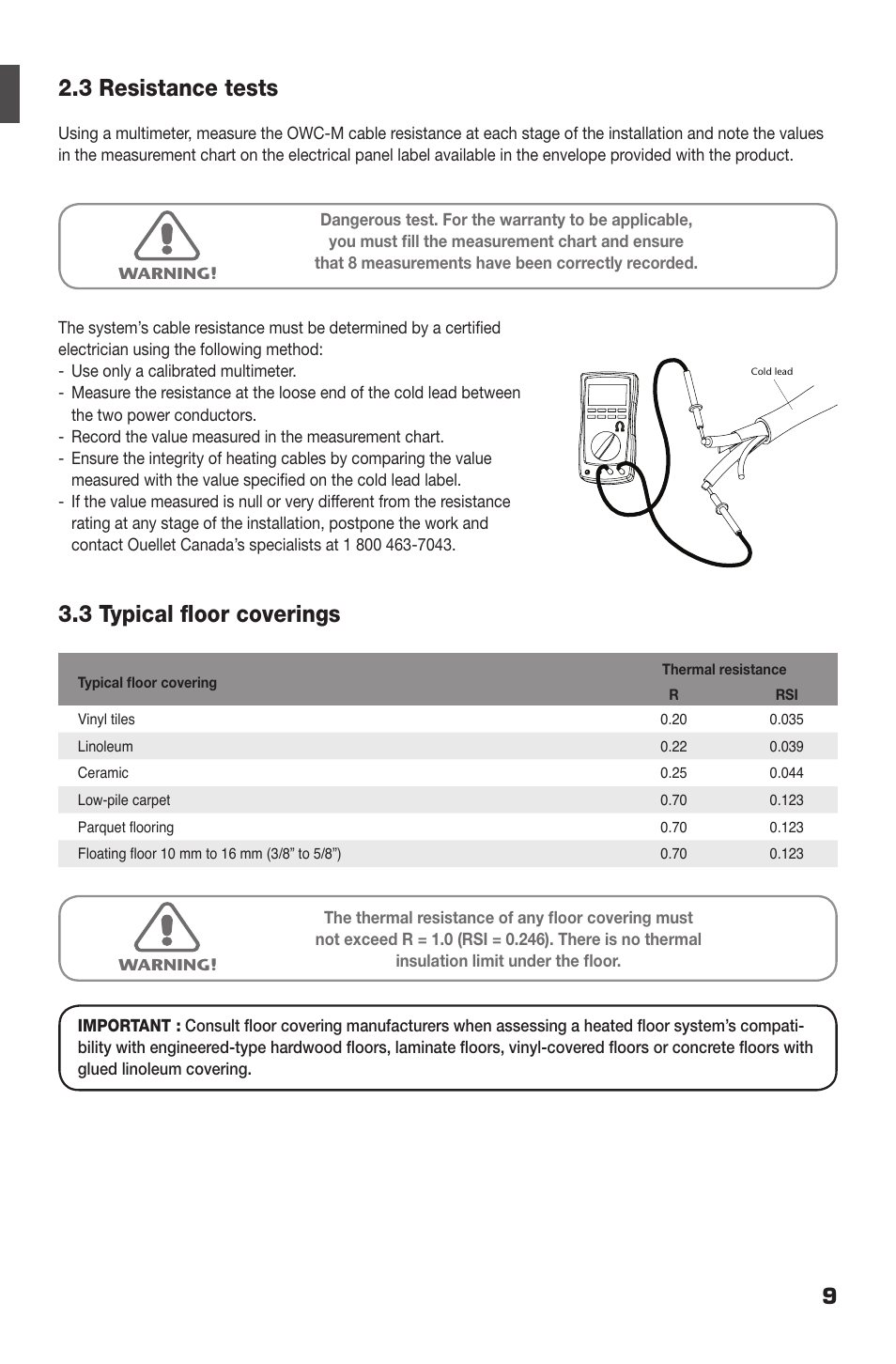 3 resistance tests, 3 typical floor coverings | Ouellet OWC-M User Manual | Page 9 / 26