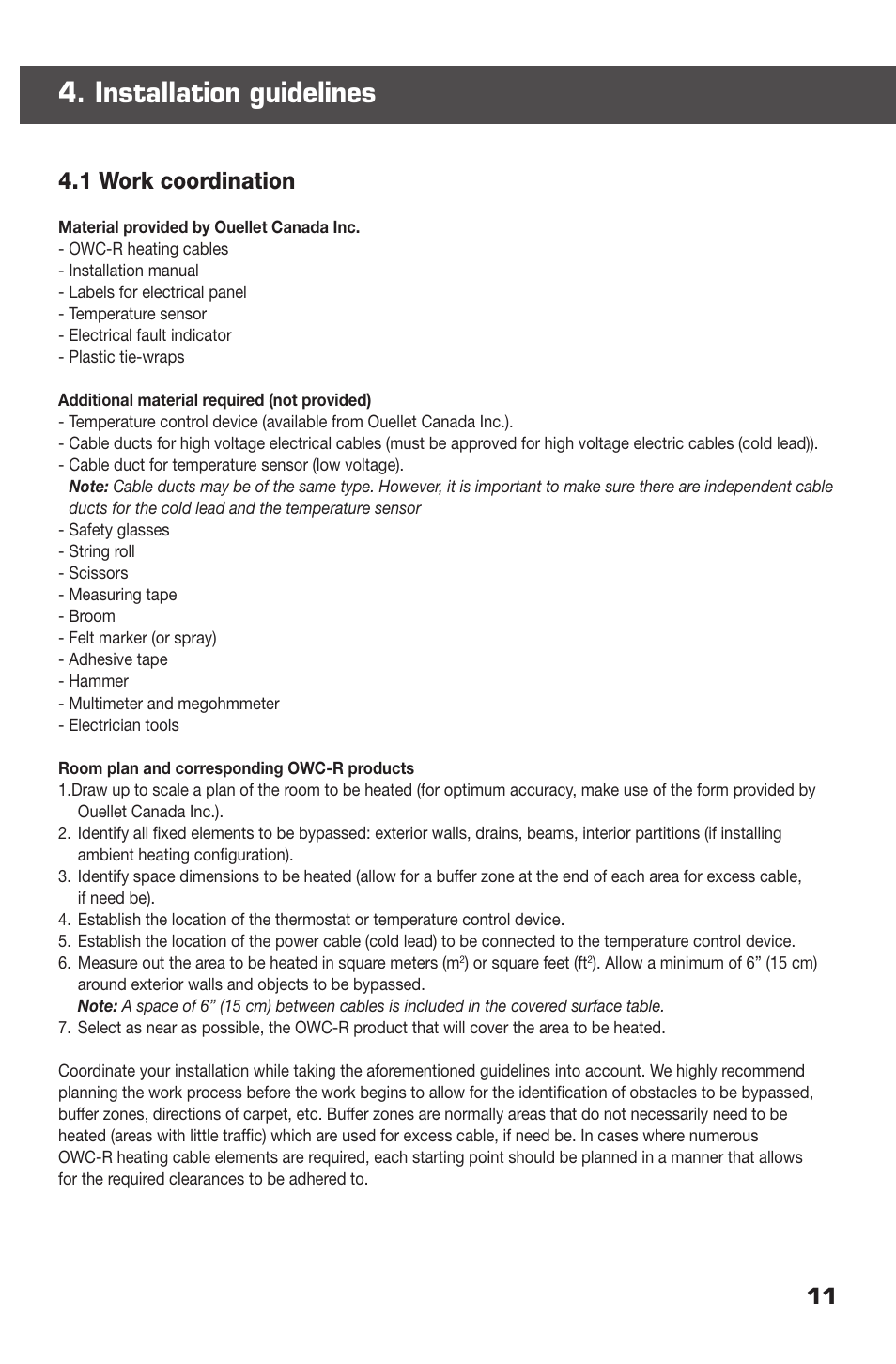 Installation guidelines, 1 work coordination | Ouellet OWC-R User Manual | Page 11 / 24