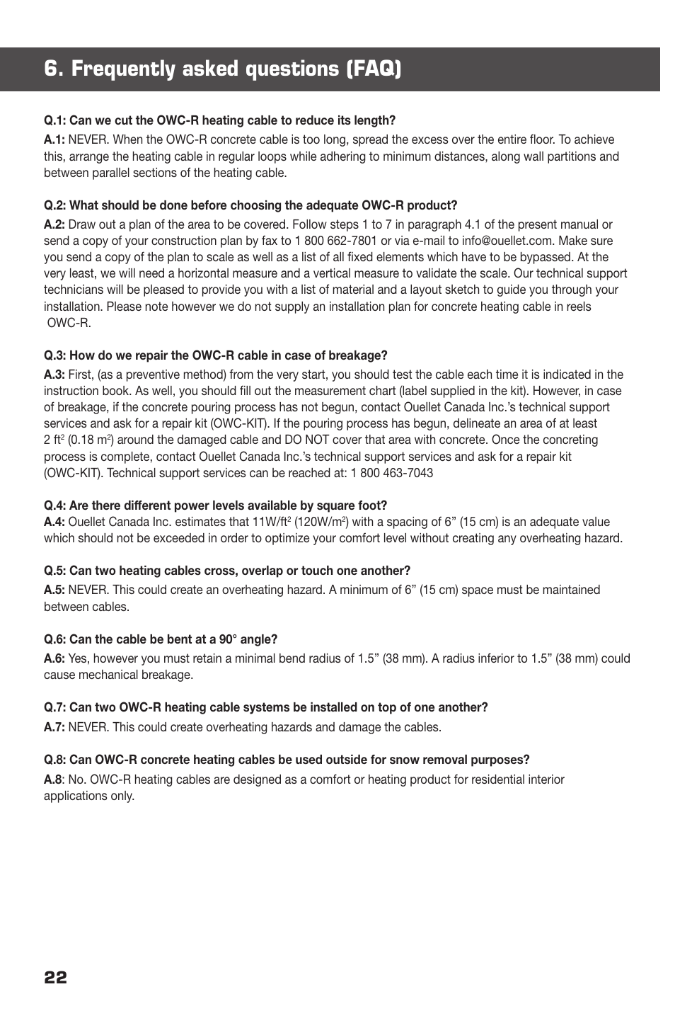 Frequently asked questions (faq) | Ouellet OWC-R User Manual | Page 22 / 24