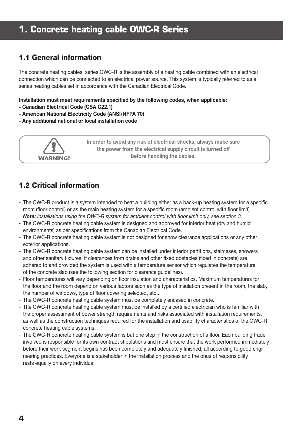 Concrete heating cable owc-r series, 1 general information, 2 critical information | Ouellet OWC-R User Manual | Page 4 / 24