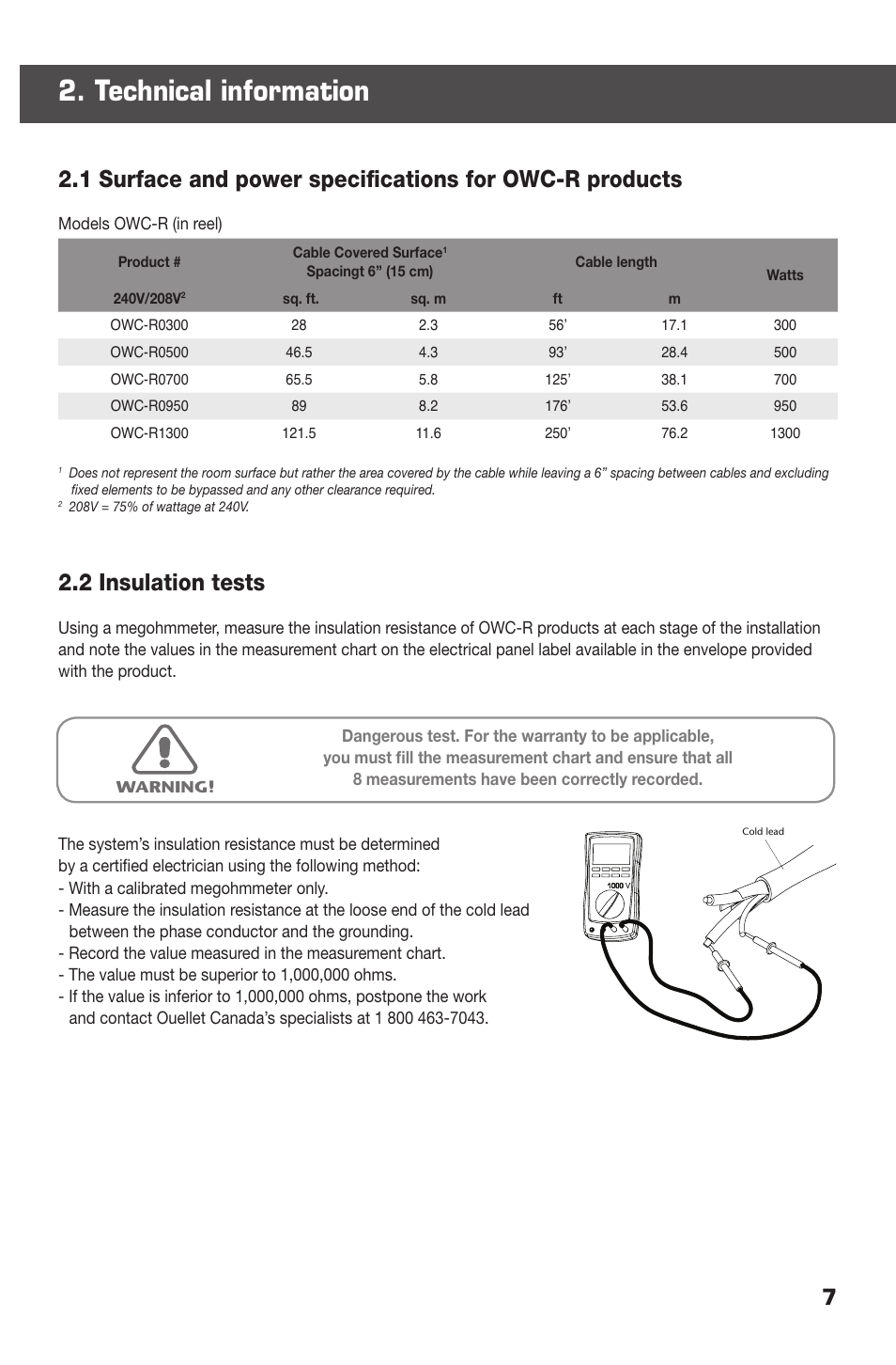 Technical information, 2 insulation tests | Ouellet OWC-R User Manual | Page 7 / 24