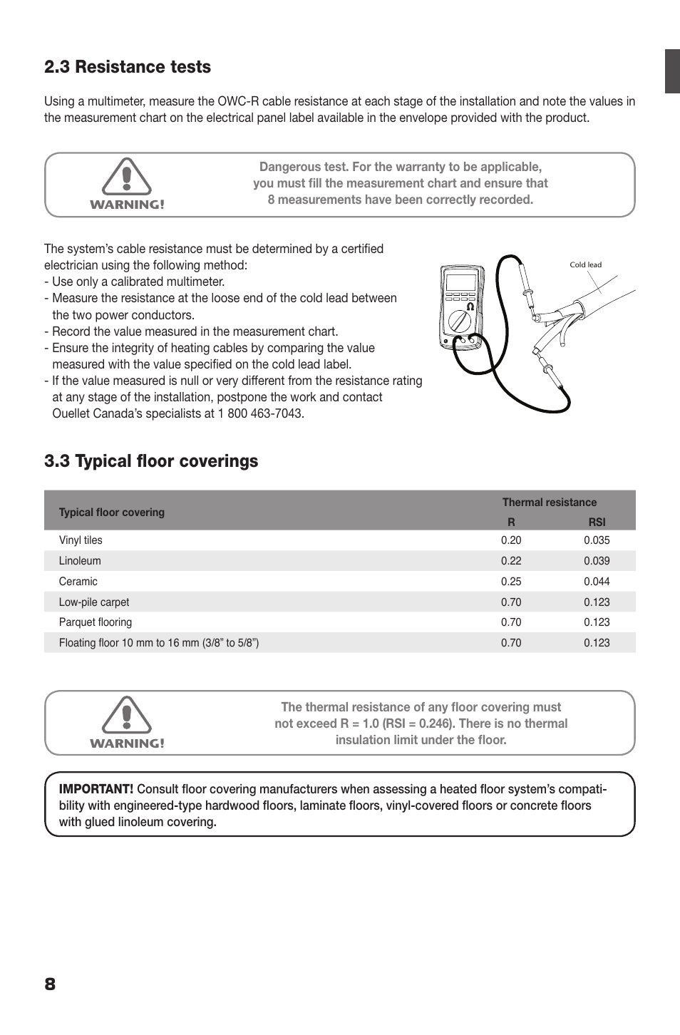 3 resistance tests, 3 typical floor coverings | Ouellet OWC-R User Manual | Page 8 / 24