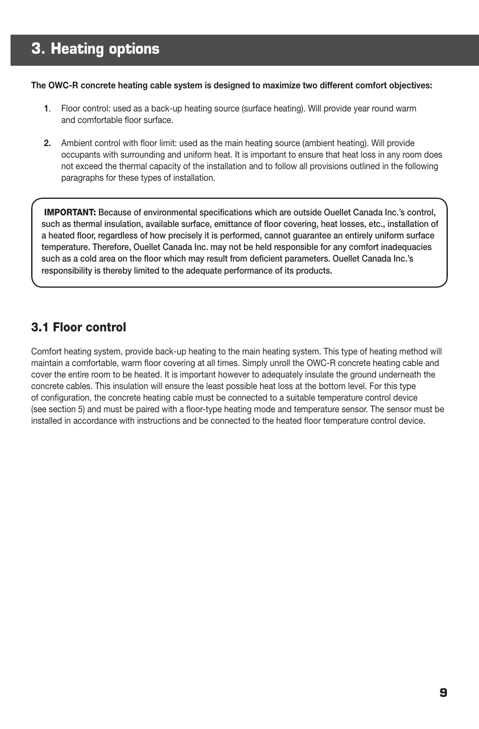 Heating options, 1 floor control | Ouellet OWC-R User Manual | Page 9 / 24