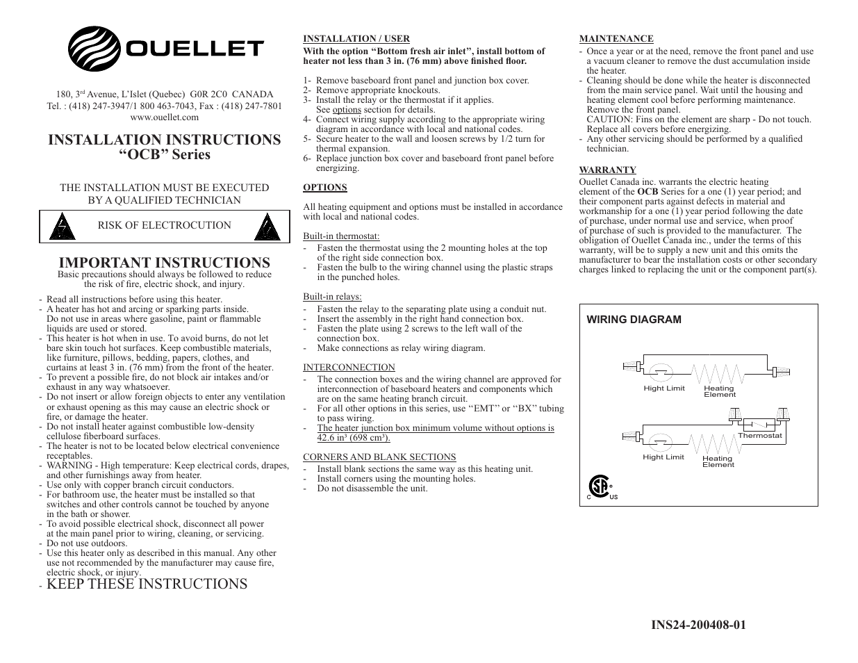 Ouellet OCB User Manual | 1 page