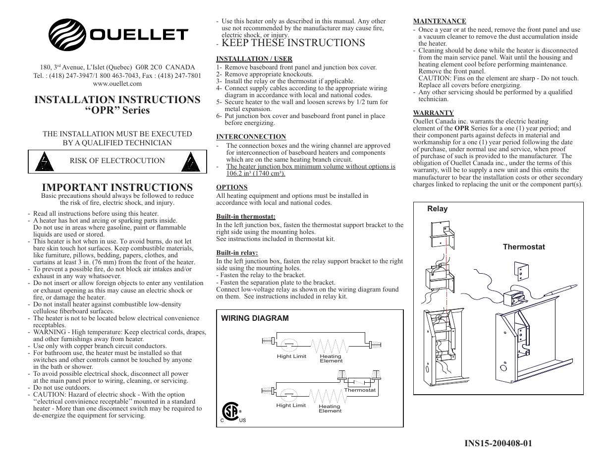 Ouellet OPR User Manual | 1 page