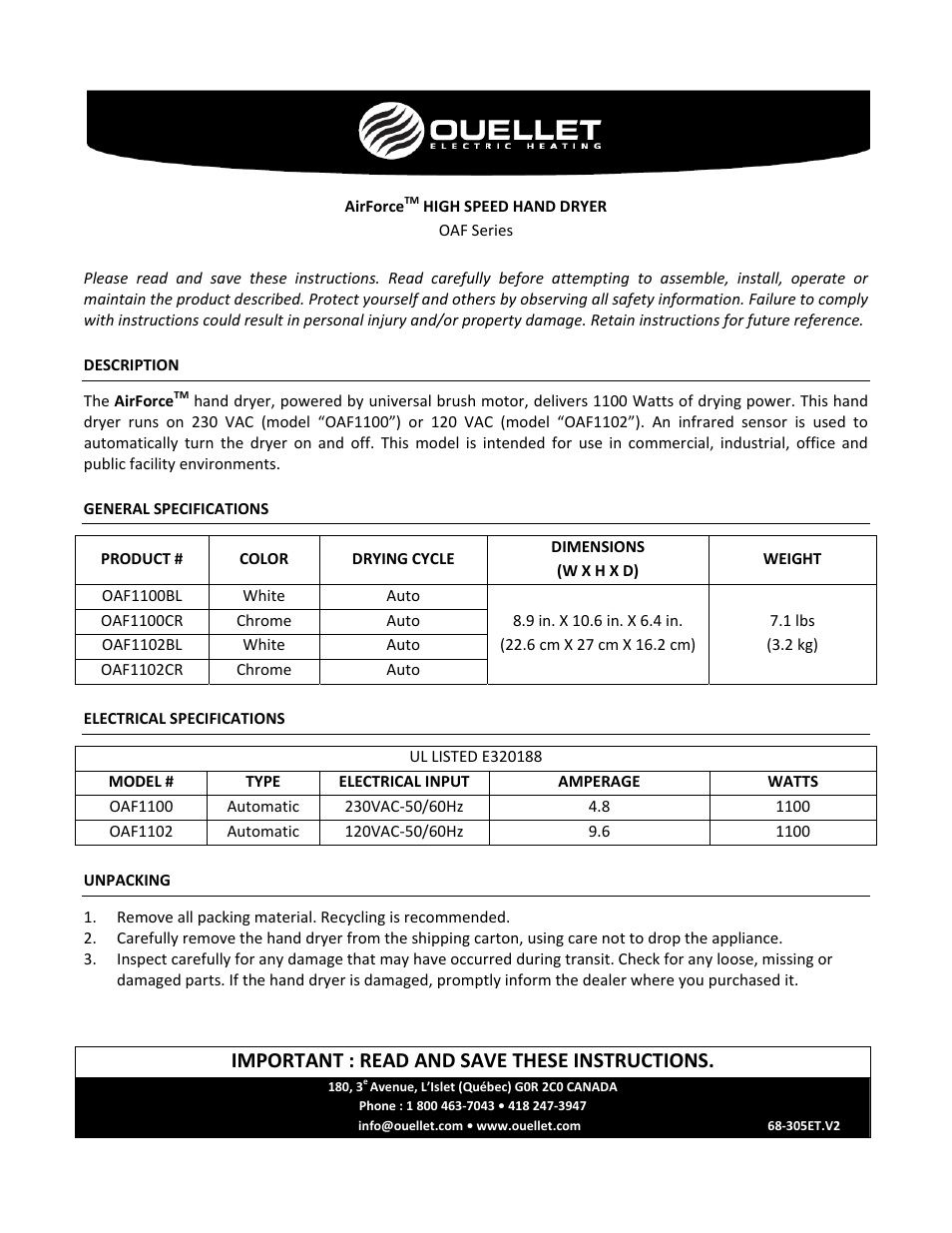 Ouellet OAF User Manual | 5 pages