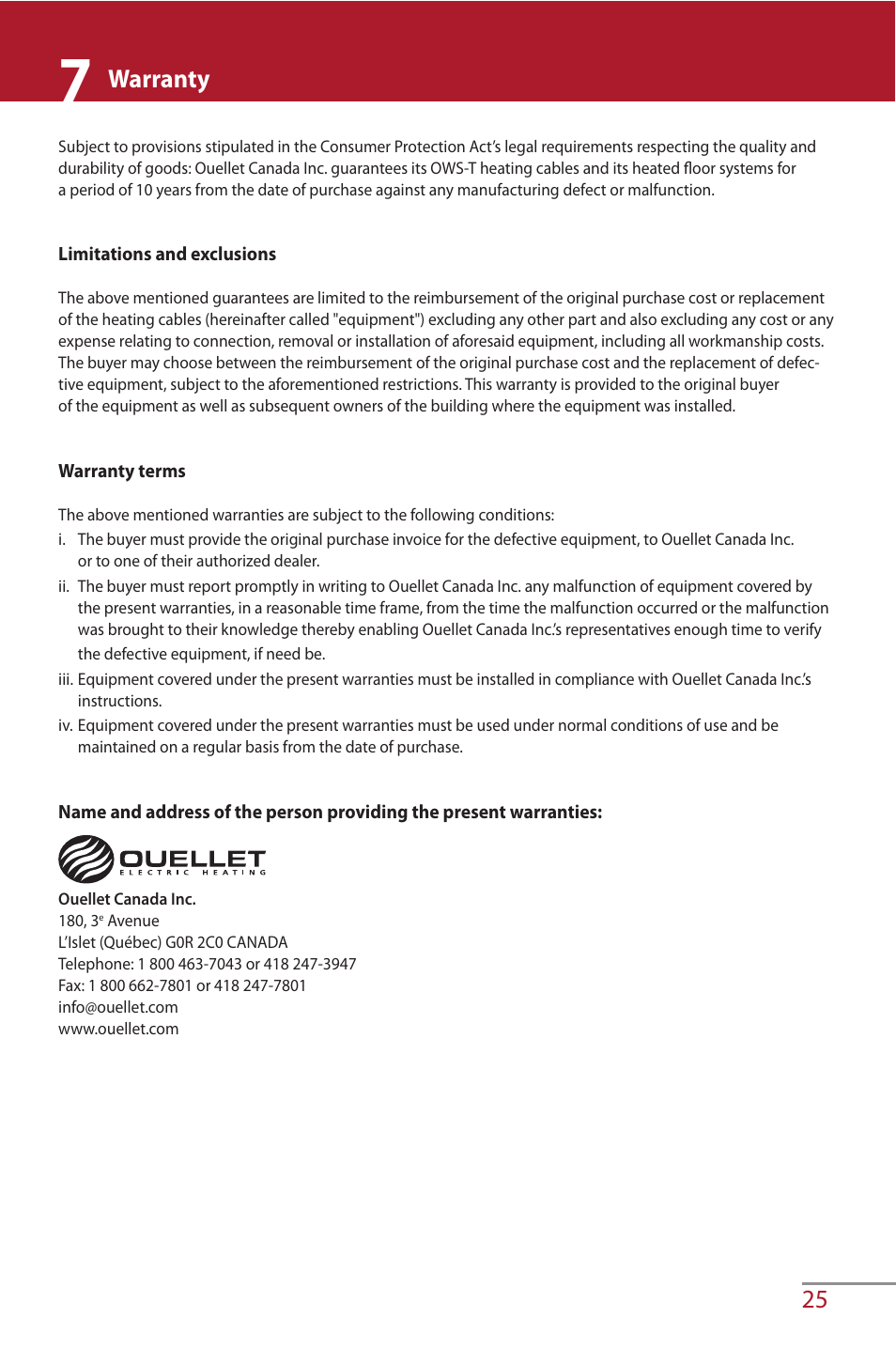 25 warranty | Ouellet OWS User Manual | Page 25 / 26