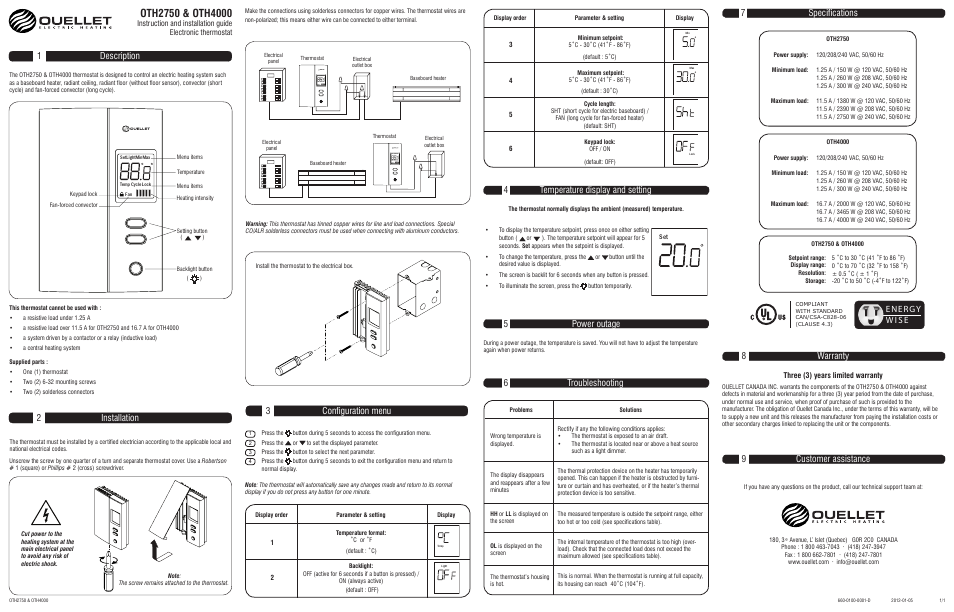 Ouellet OTH2750 User Manual | 1 page