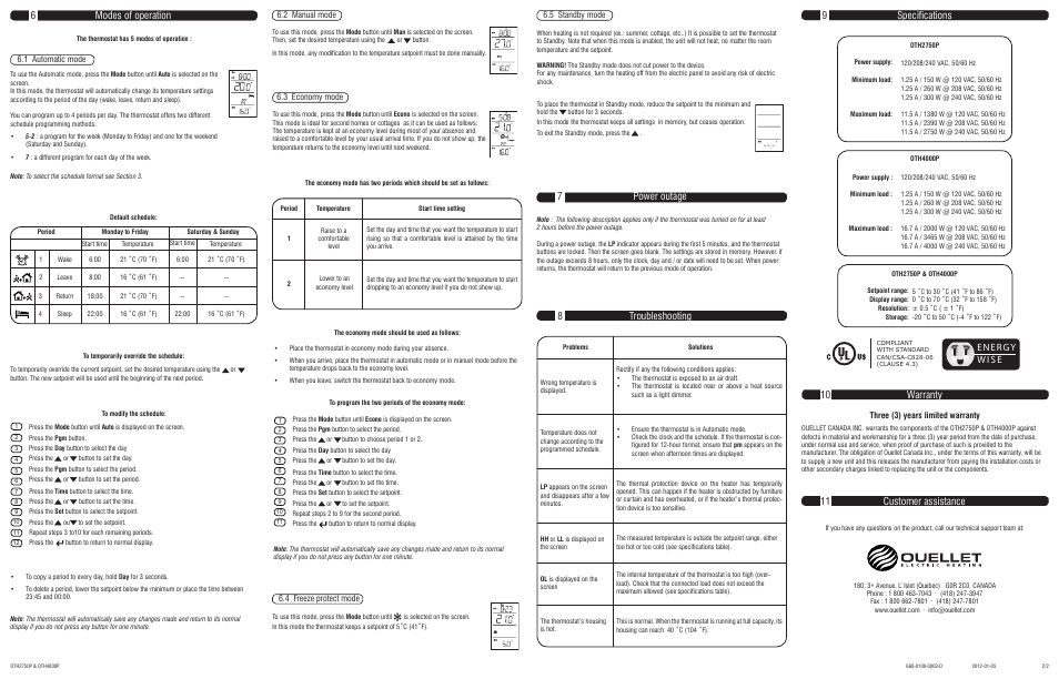 6modes of operation, 2 manual mode, 3 economy mode | 4 freeze protect mode 6.5 standby mode, Three (3) years limited warranty, 1 automatic mode | Ouellet OTH2750P User Manual | Page 2 / 2