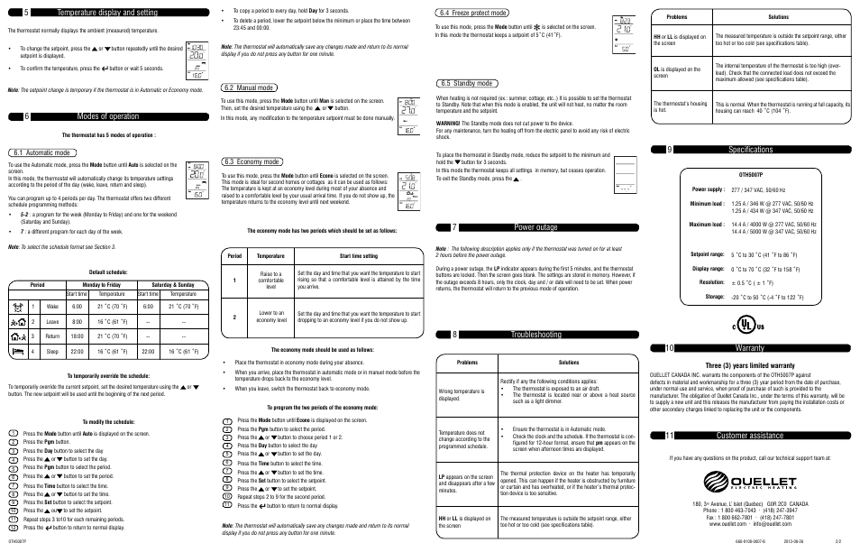 6modes of operation, 5temperature display and setting, 2 manual mode | 3 economy mode, 4 freeze protect mode 6.5 standby mode, Three (3) years limited warranty, 1 automatic mode | Ouellet OTH5007P User Manual | Page 2 / 2