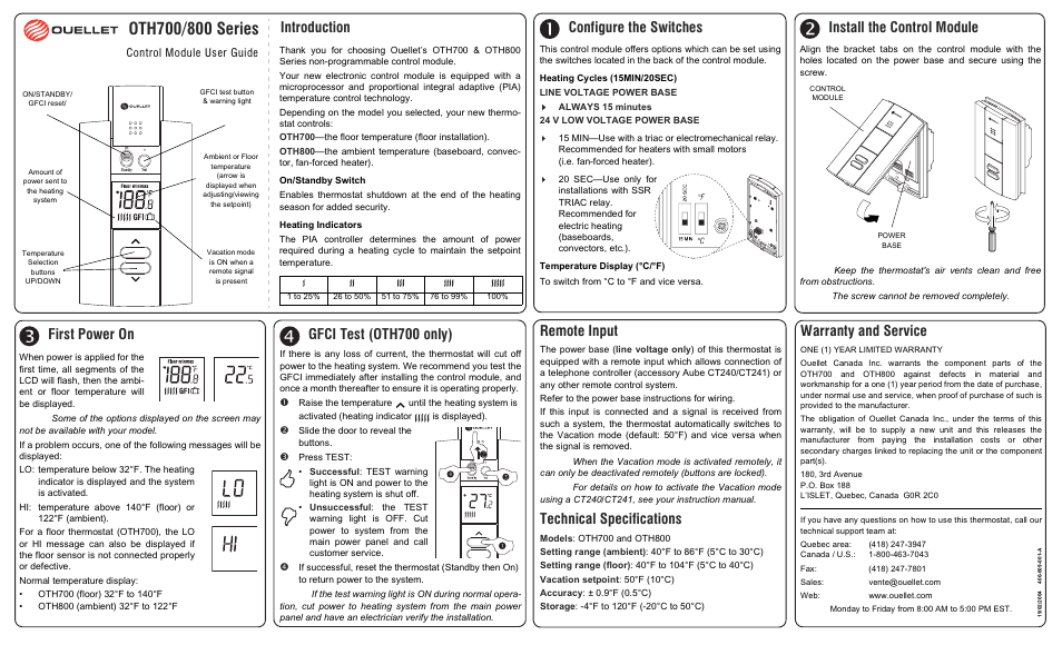 Remote input, Technical specifications, Warrantyand service | First power on gfci test (oth700 only), Control m odule user guide | Ouellet OTH800D User Manual | Page 2 / 2