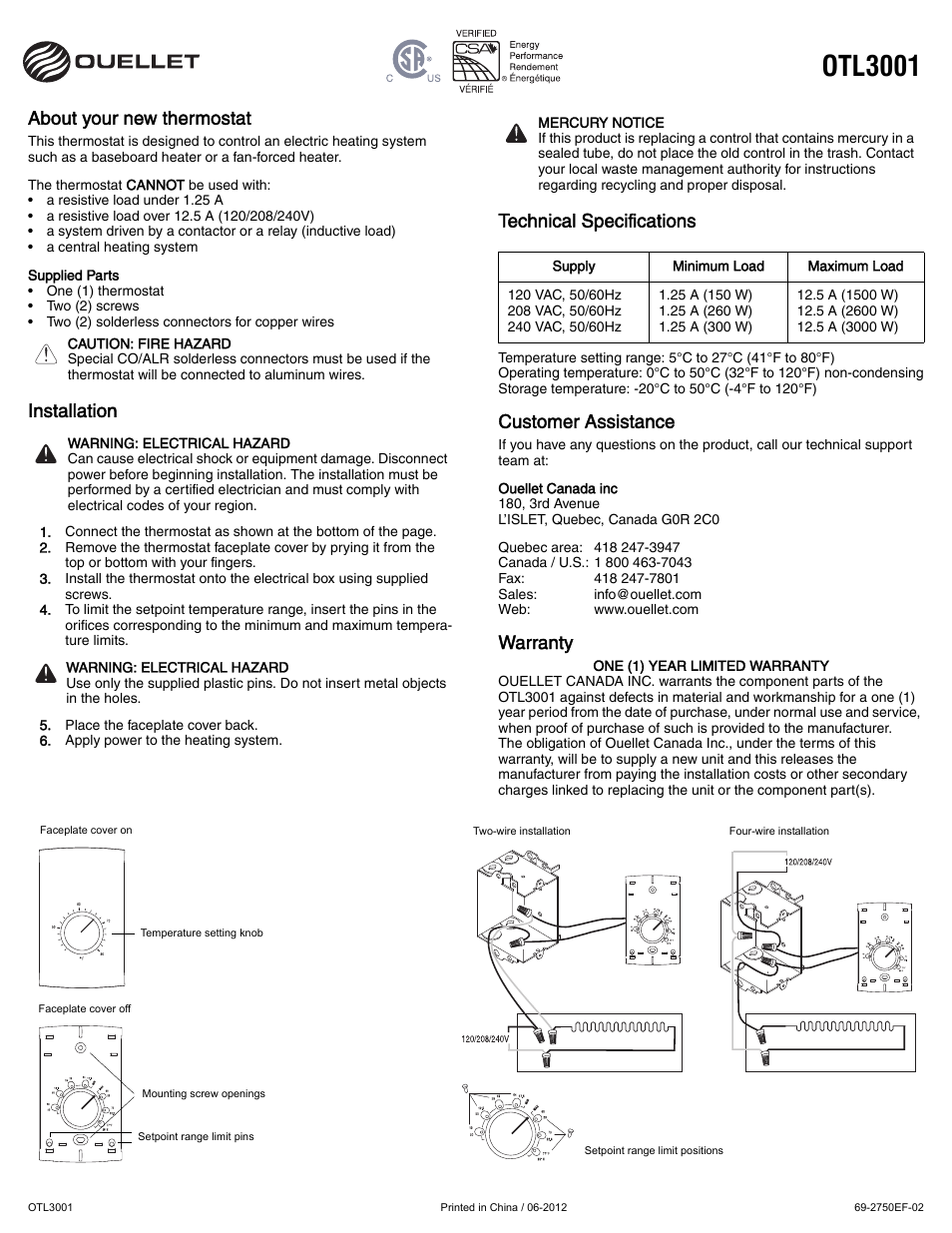 Ouellet OTL3001C User Manual | 1 page