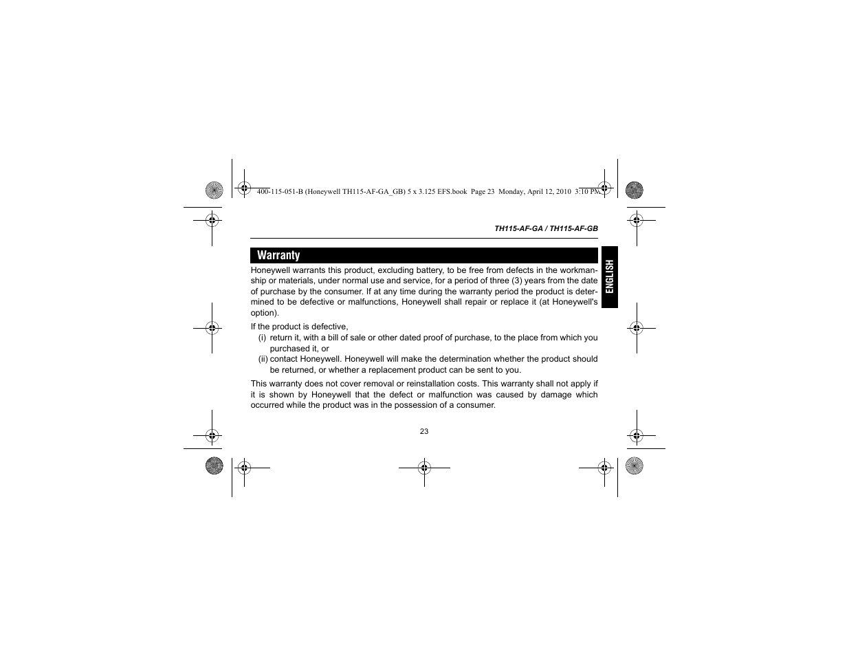 Warranty | Ouellet TH115 User Manual | Page 25 / 27