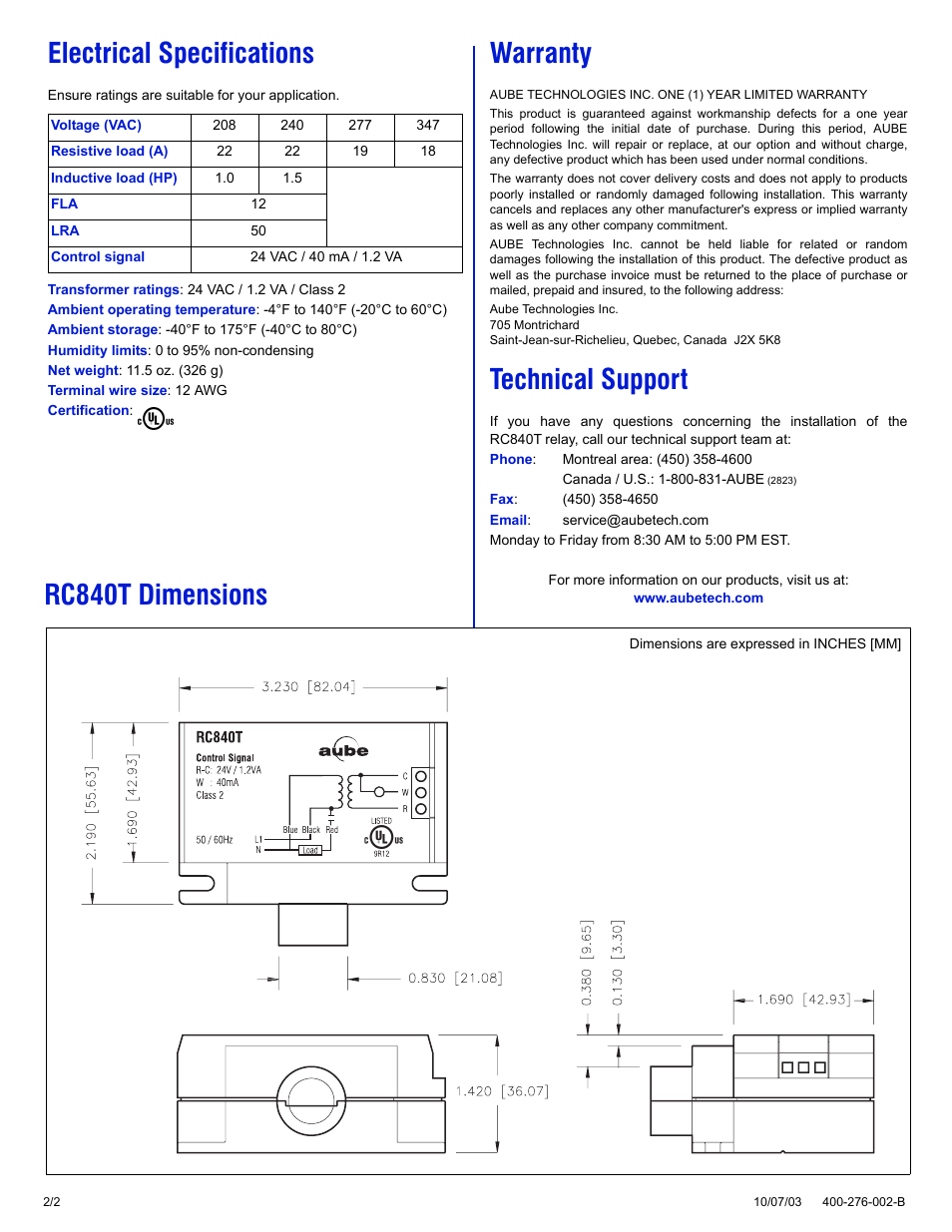 Rc840t dimensions, Electrical specifications, Warranty | Technical support | Ouellet RC840 User Manual | Page 2 / 2