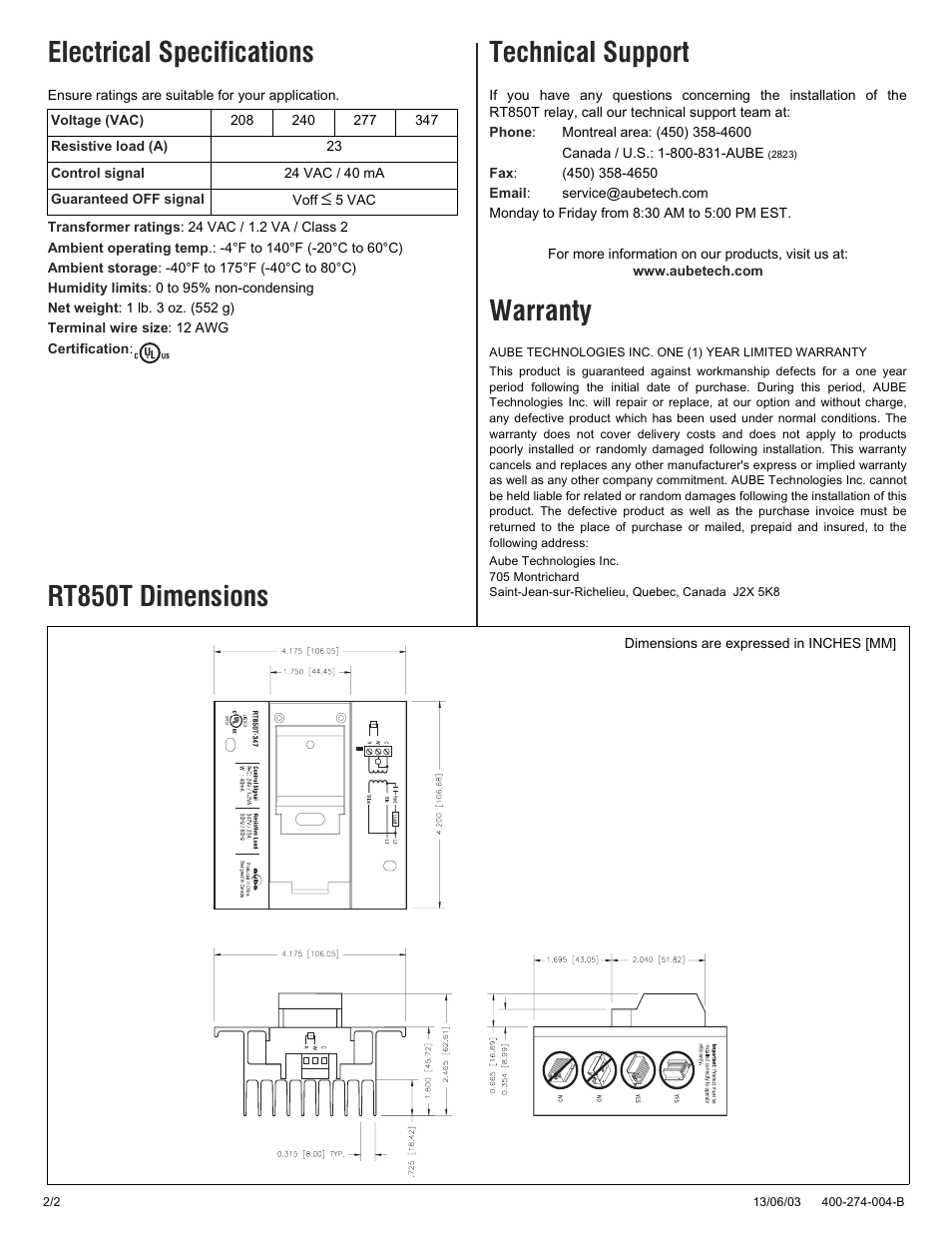 Electrical specifications, Technical support, Warranty | Rt850t dimensions | Ouellet RT850 User Manual | Page 2 / 2