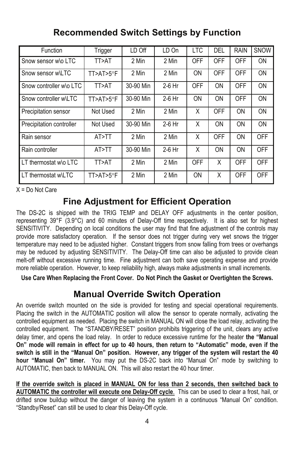 Ds−2c, Recommended switch settings by function, Fine adjustment for efficient operation | Manual override switch operation, Typical load wiring | Ouellet DS-2C User Manual | Page 4 / 8