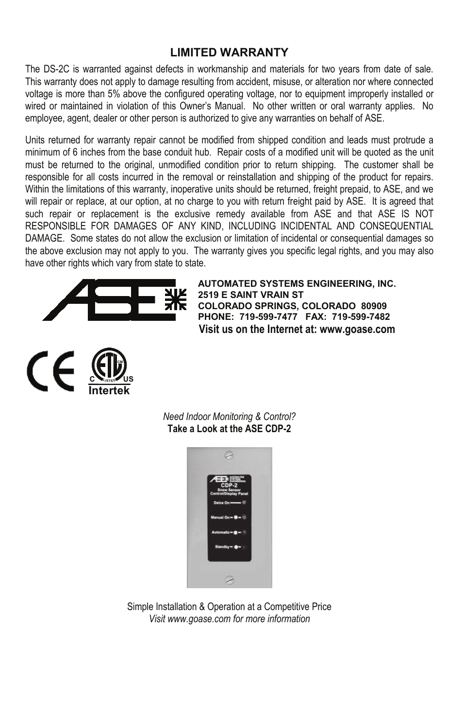 Ds-2c, Rain/snow sensor controller, Automated systems engineering | Manufactured by, Installation manual, Ds−2c, Limited warranty, Intertek | Ouellet DS-2C User Manual | Page 8 / 8