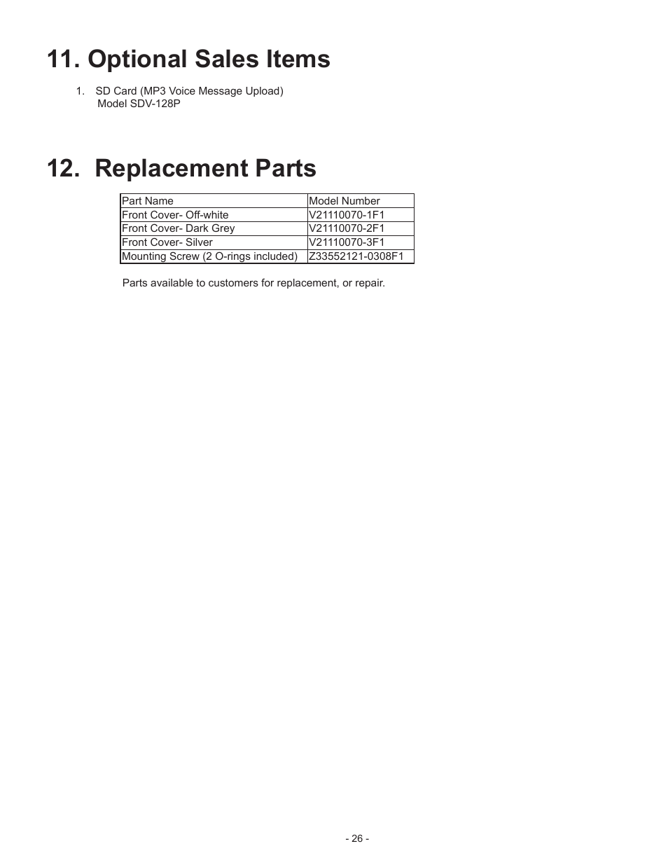 Optional sales items, Replacement parts | PATLITE BSV User Manual | Page 26 / 29