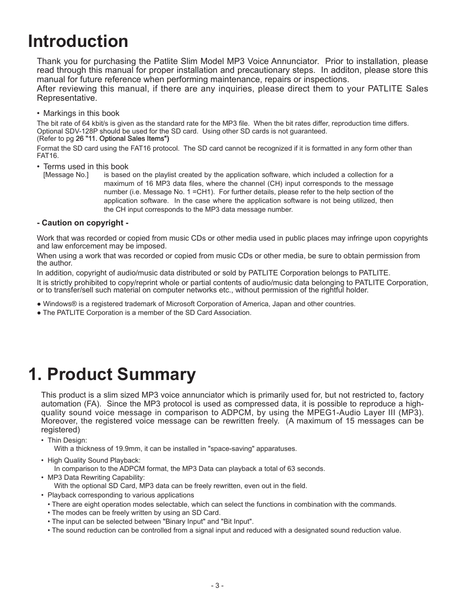 Introduction, Product summary | PATLITE BSV User Manual | Page 3 / 29