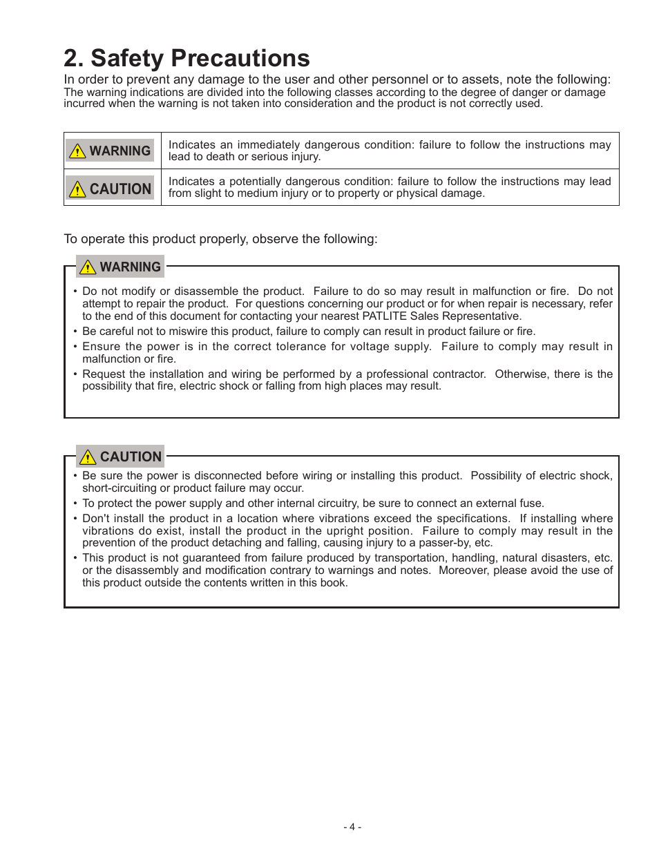 Safety precautions, Caution | PATLITE BSV User Manual | Page 4 / 29