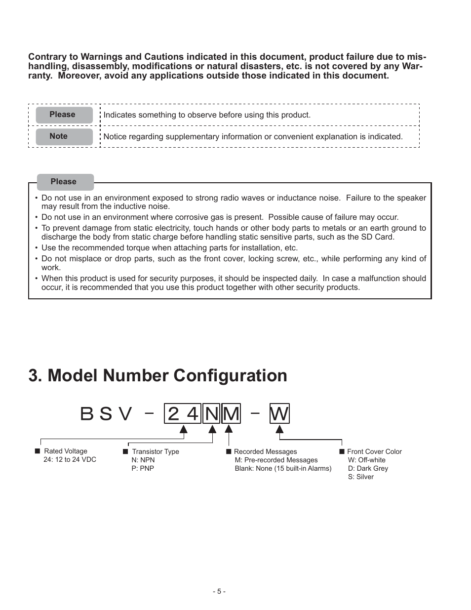 Ｂｓｖ - ２４ｎｍ - ｗ, Model number configuration | PATLITE BSV User Manual | Page 5 / 29