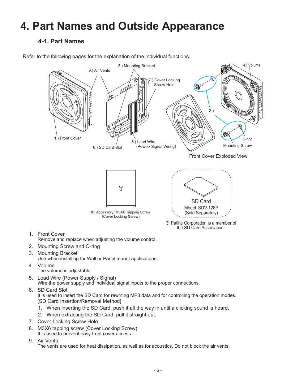 Part names and outside appearance, 1. part names | PATLITE BSV User Manual | Page 6 / 29