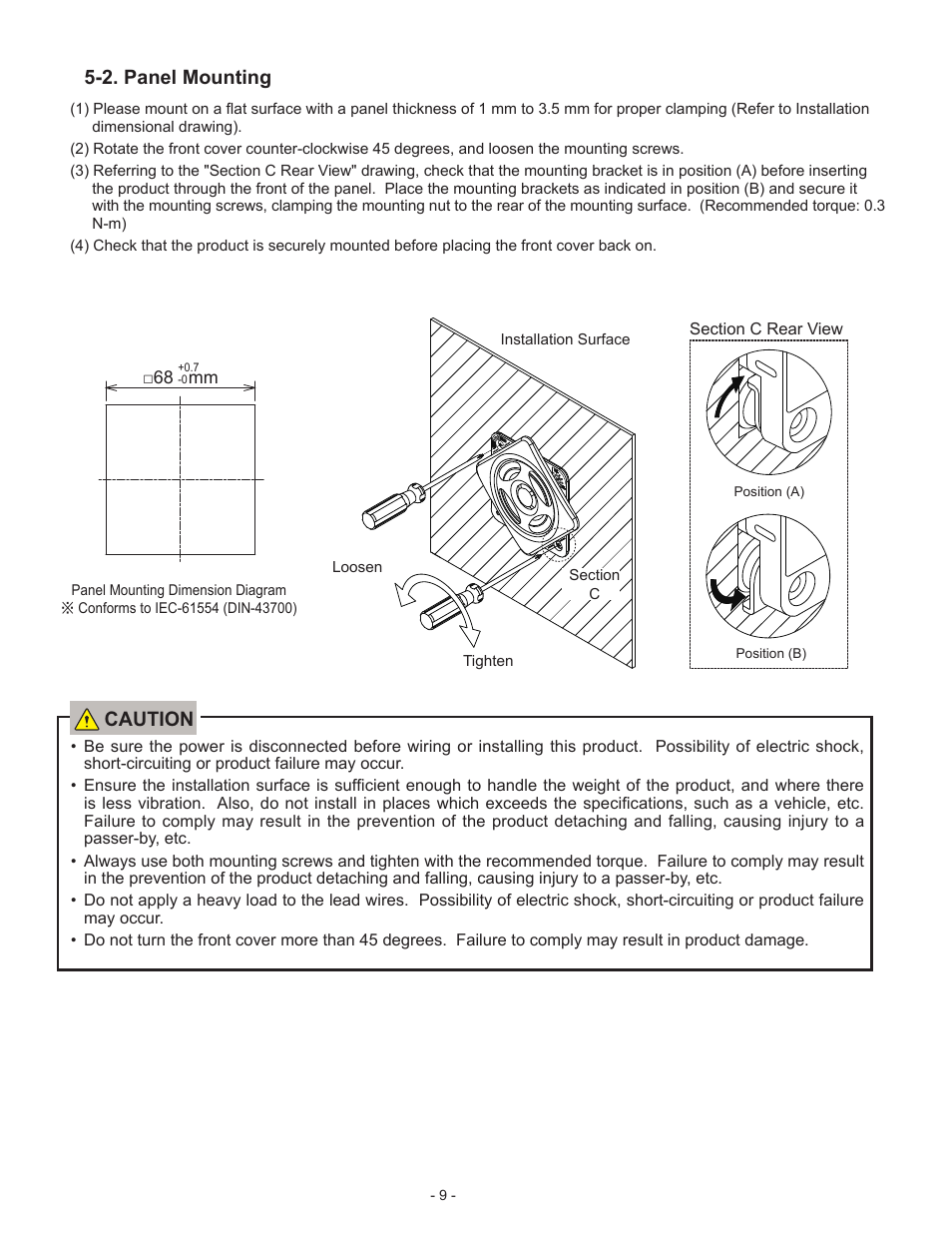 Caution, 2. panel mounting | PATLITE BSV User Manual | Page 9 / 29