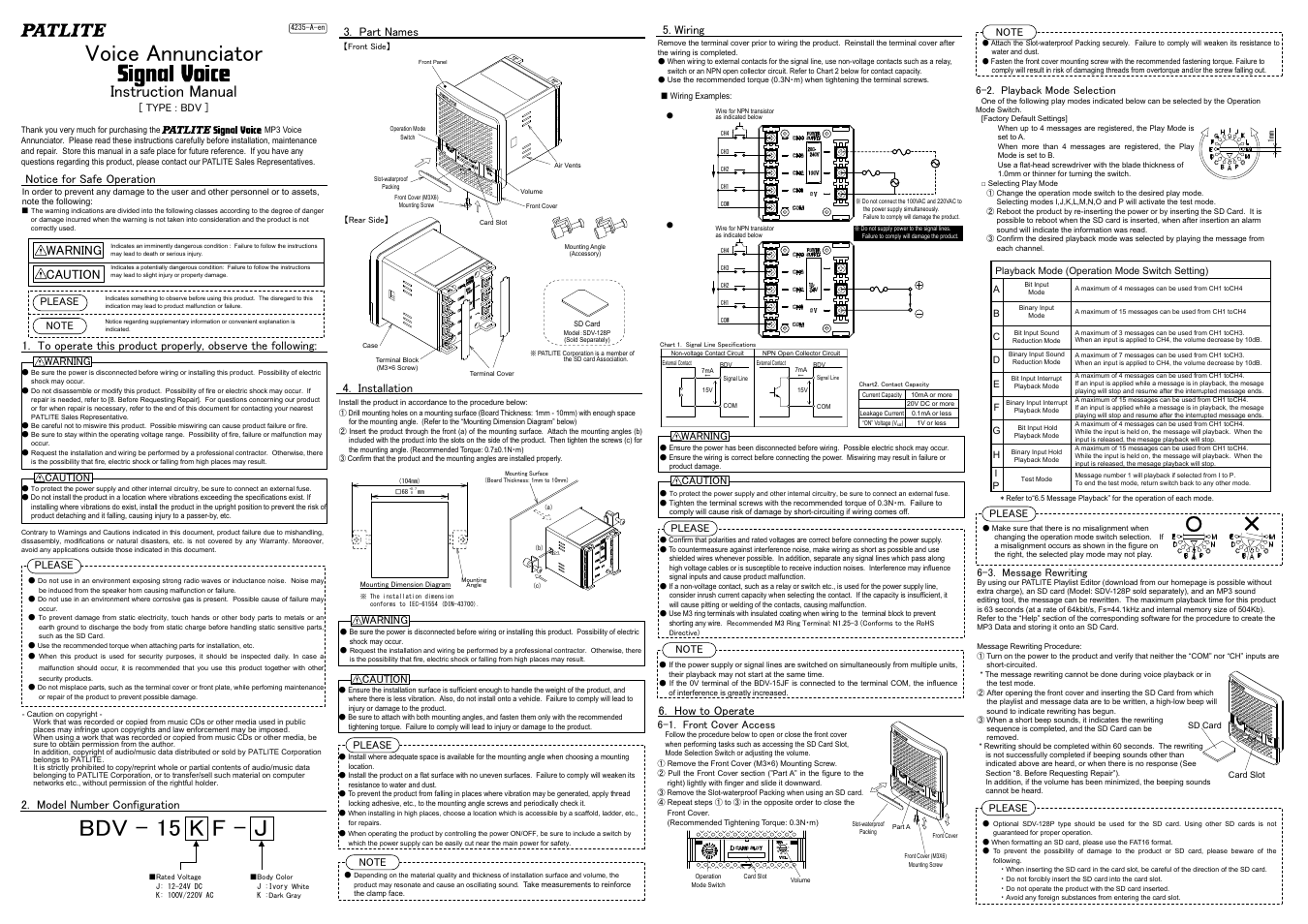 PATLITE BDV User Manual | 2 pages