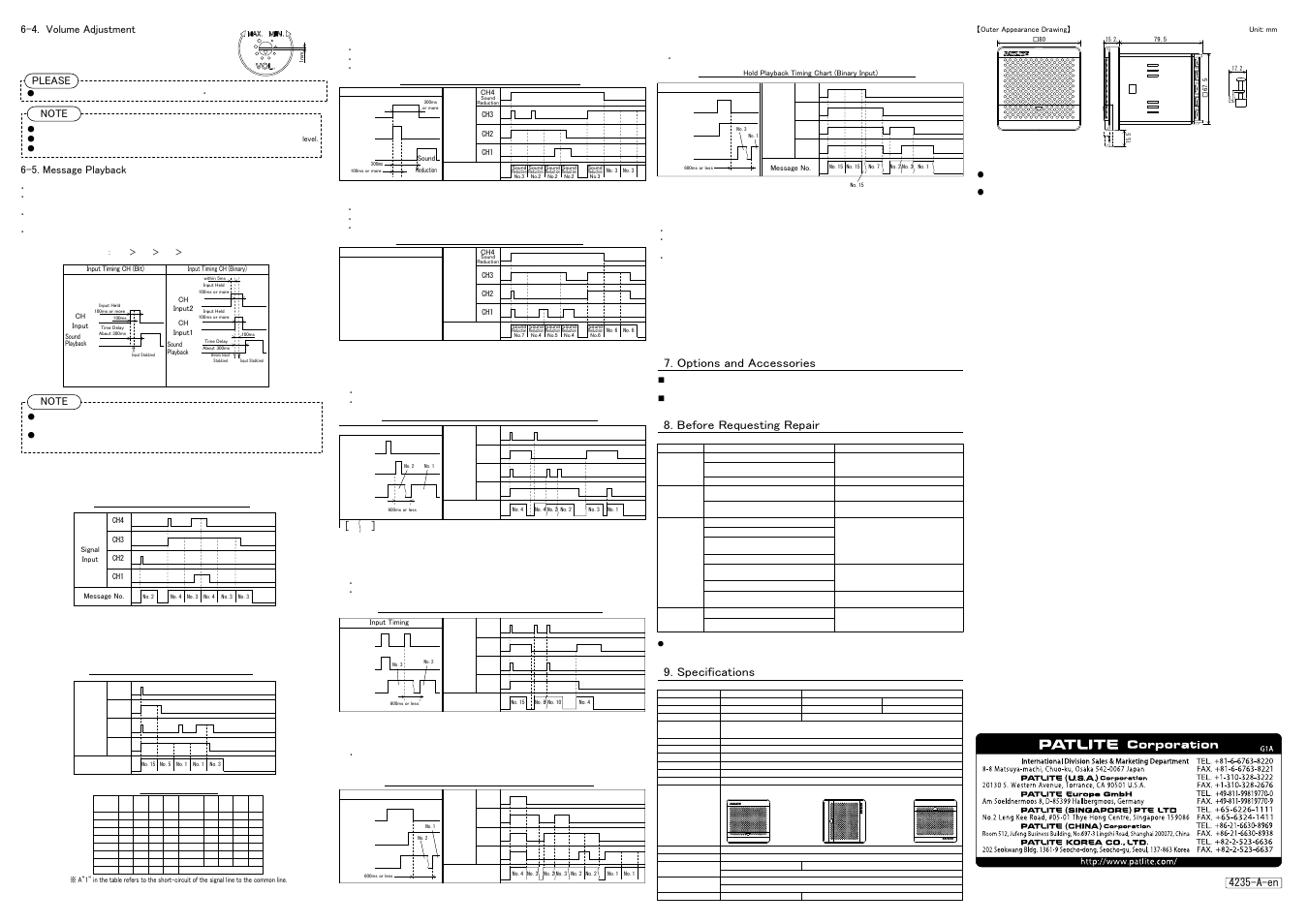 Specifications 4235-a-en, Indicates an interrupted message, Please | 4. volume adjustment, 5. message playback | PATLITE BDV User Manual | Page 2 / 2