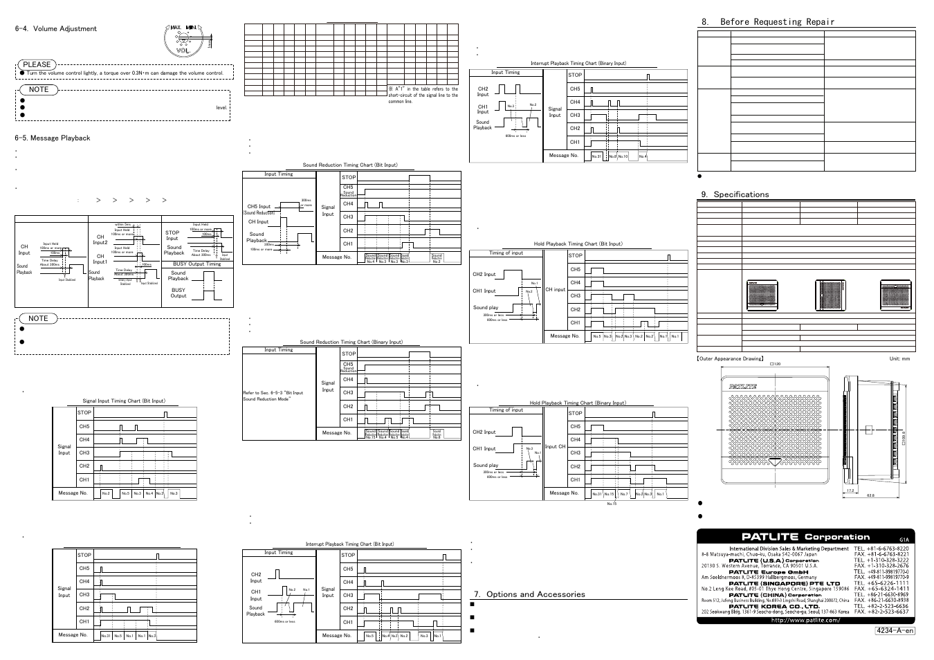 Options and accessories 9. specifications, 4234-a-en, 5. message playback | Please 6-4. volume adjustment | PATLITE BKV User Manual | Page 2 / 2