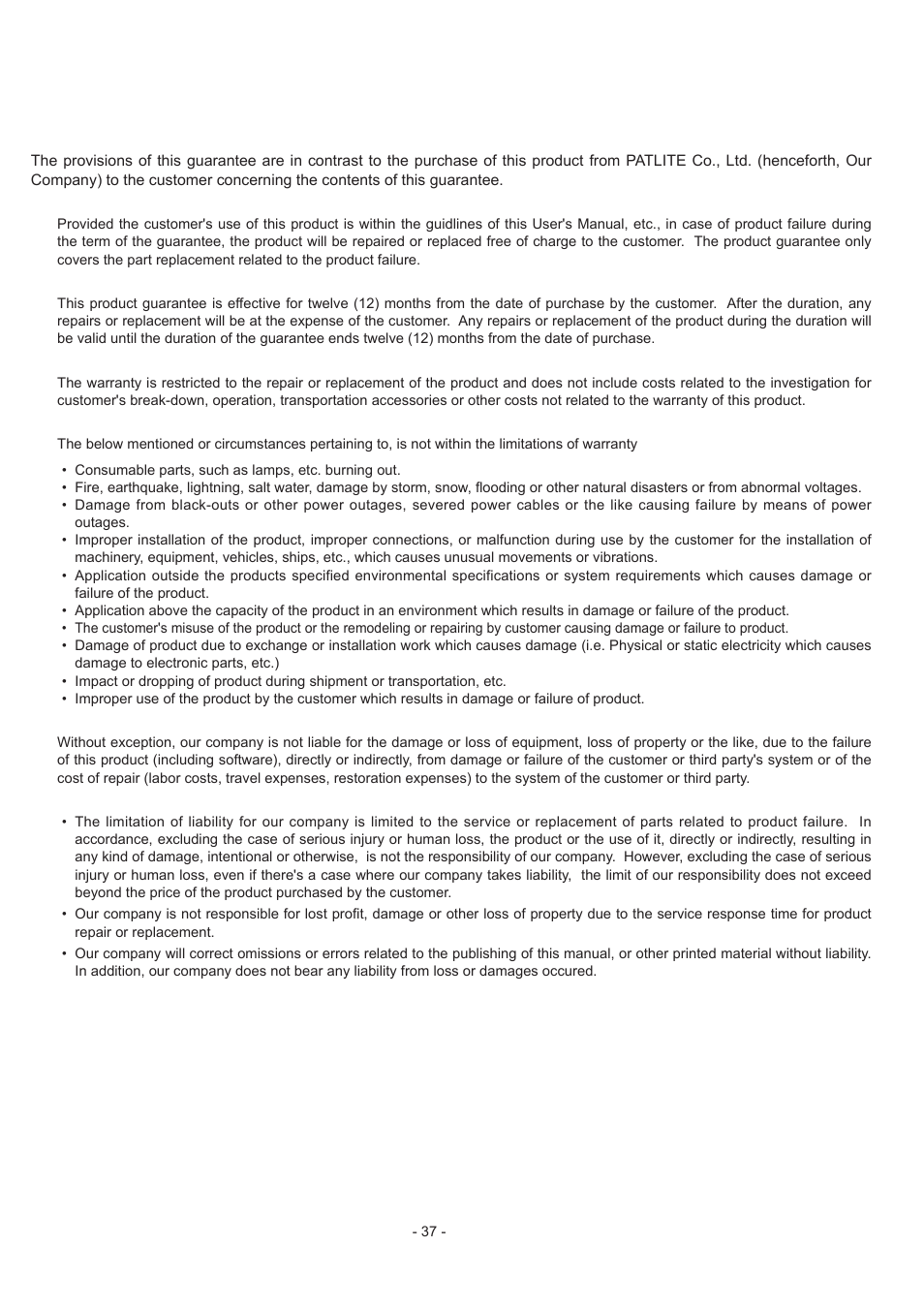 Guarantee provisions, Concerning the product guarantee, Duration of guarantee | Concerning the warranty contents, Items outside warranty limitations, Guarantee disclaimer, Limitation of liability | PATLITE FV-127JP User Manual | Page 37 / 38