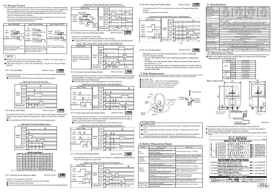 Caution, Bulb replacement, 4264-a | Maintenance parts, Specifications, 5. message playback, Before requesting repair | PATLITE RT-E User Manual | Page 2 / 2