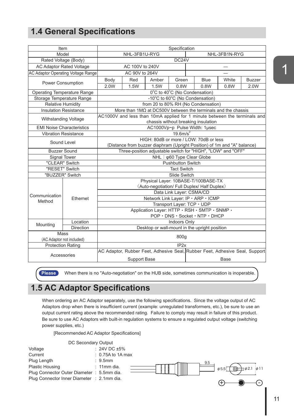 4 general specifications, 5 ac adaptor specifications | PATLITE NHL User Manual | Page 11 / 95