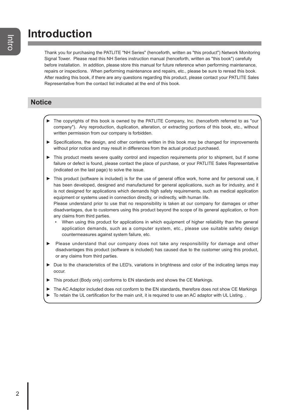 Introduction, Intro, Notice | PATLITE NHL User Manual | Page 2 / 95