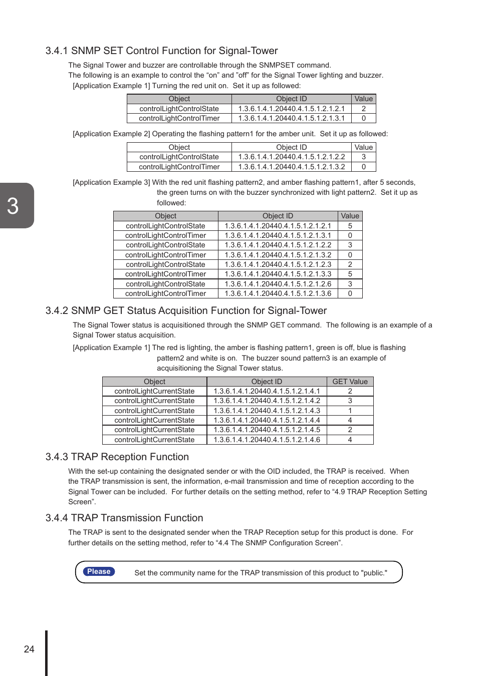 1 snmp set control function for signal-tower, 3 trap reception function, 4 trap transmission function | PATLITE NHL User Manual | Page 24 / 95