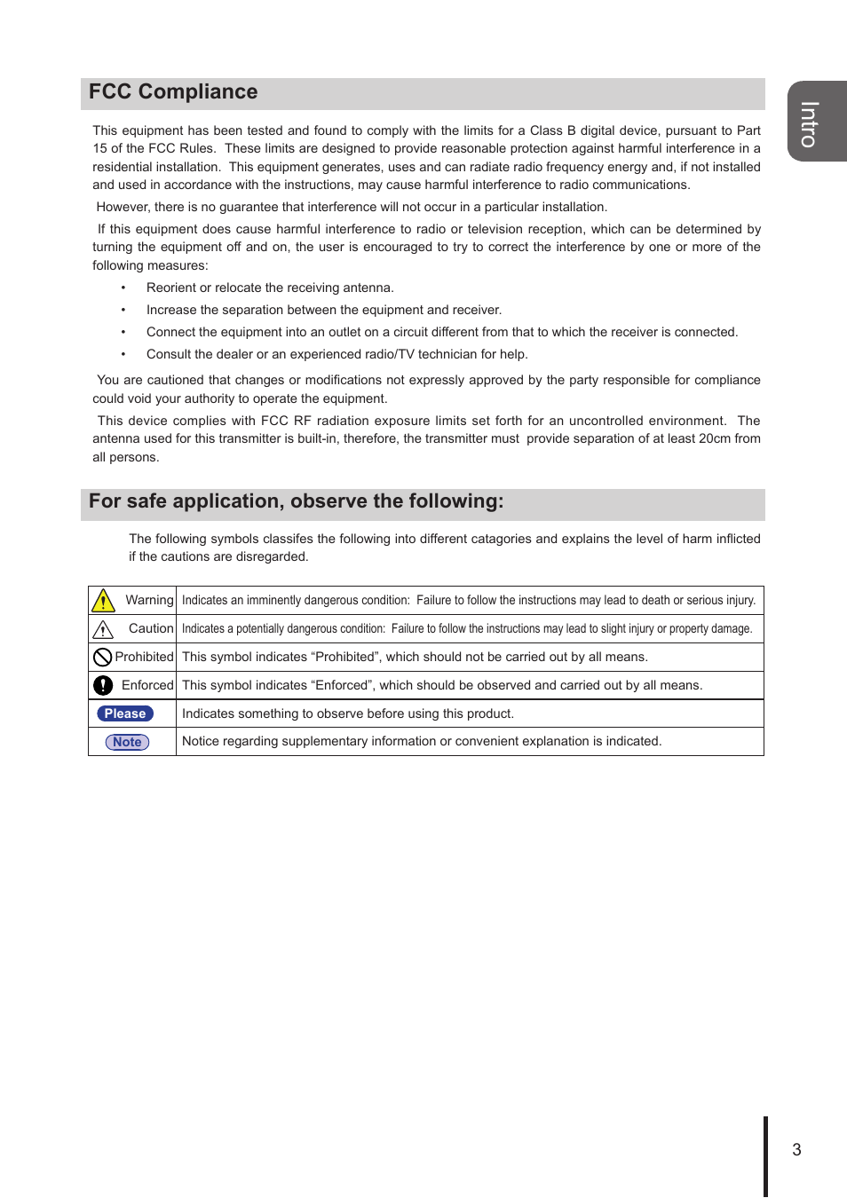 Intro, Fcc compliance, For safe application, observe the following | PATLITE NHL User Manual | Page 3 / 95