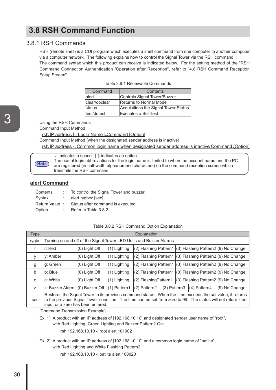 8 rsh command function, 1 rsh commands | PATLITE NHL User Manual | Page 30 / 95