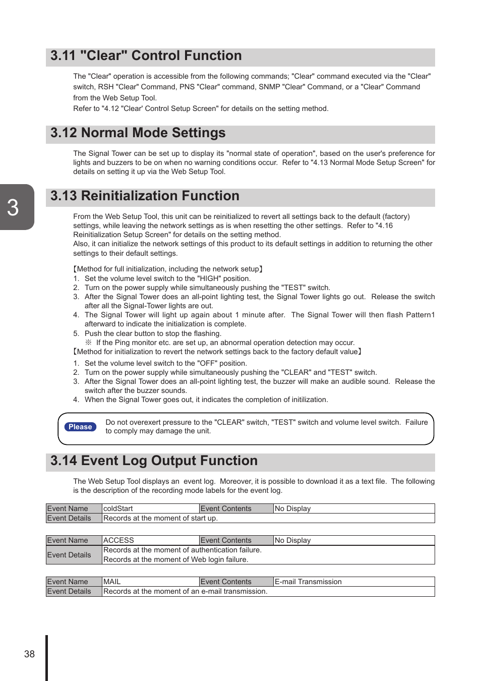 11 "clear" control function, 12 normal mode settings, 13 reinitialization function | 14 event log output function | PATLITE NHL User Manual | Page 38 / 95