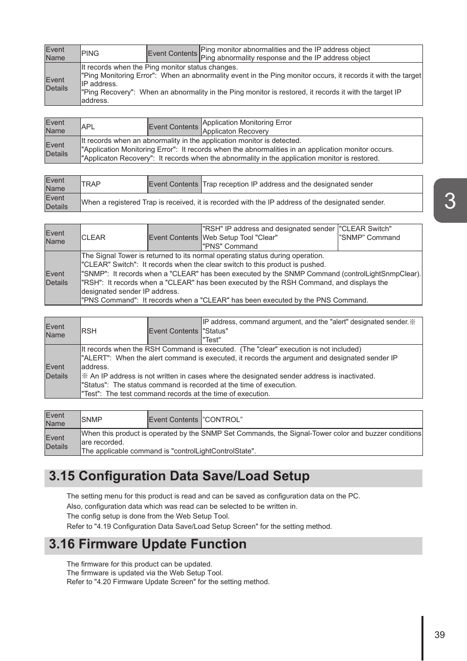 15 configuration data save/load setup, 16 firmware update function | PATLITE NHL User Manual | Page 39 / 95