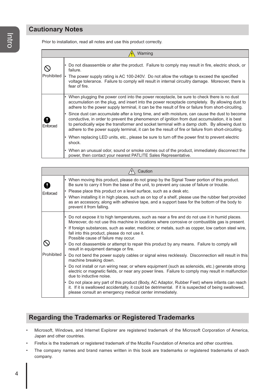 Intro, Regarding the trademarks or registered trademarks | PATLITE NHL User Manual | Page 4 / 95