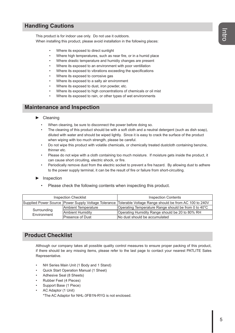 Intro, Handling cautions, Maintenance and inspection | Product checklist | PATLITE NHL User Manual | Page 5 / 95