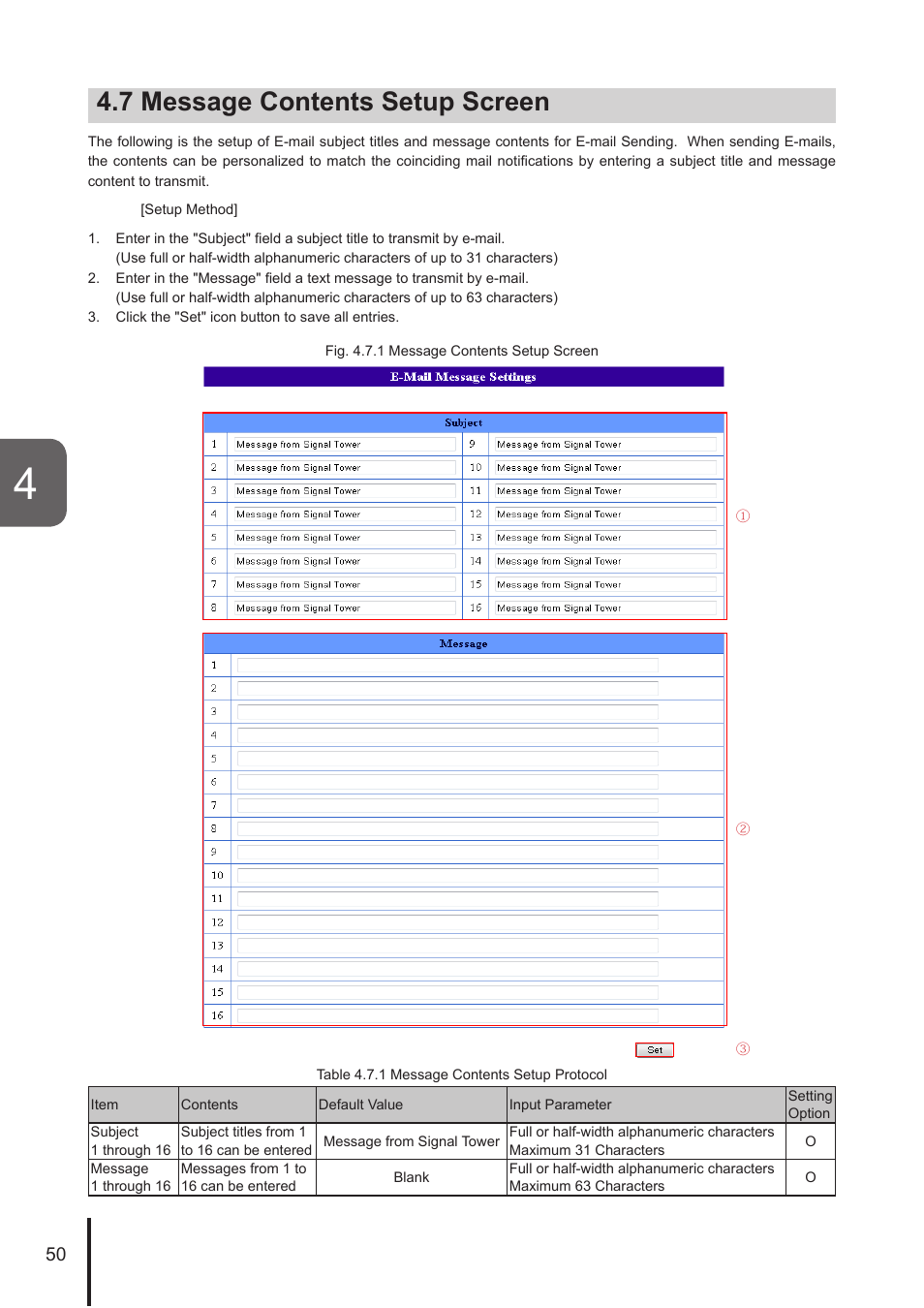7 message contents setup screen | PATLITE NHL User Manual | Page 50 / 95