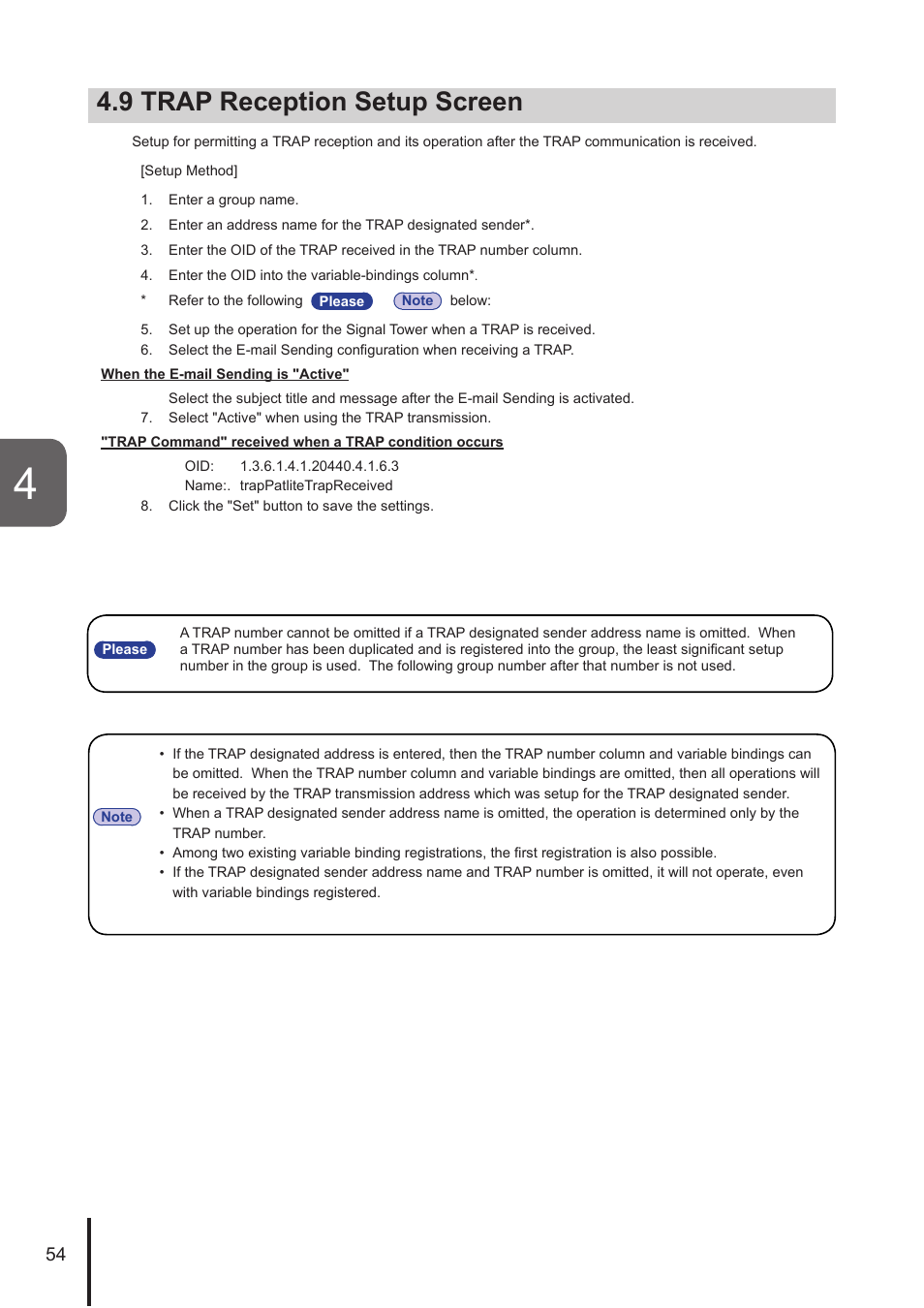 9 trap reception setup screen | PATLITE NHL User Manual | Page 54 / 95