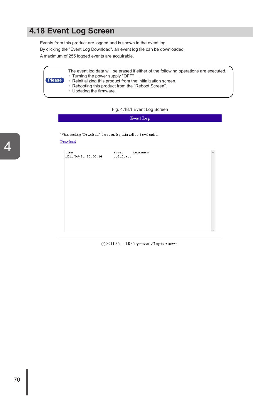 18 event log screen | PATLITE NHL User Manual | Page 70 / 95