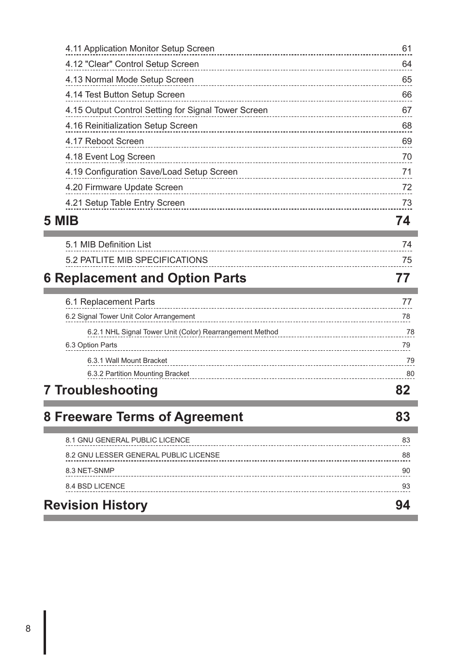 5 mib 74, 6 replacement and option parts 77, Revision history 94 | PATLITE NHL User Manual | Page 8 / 95