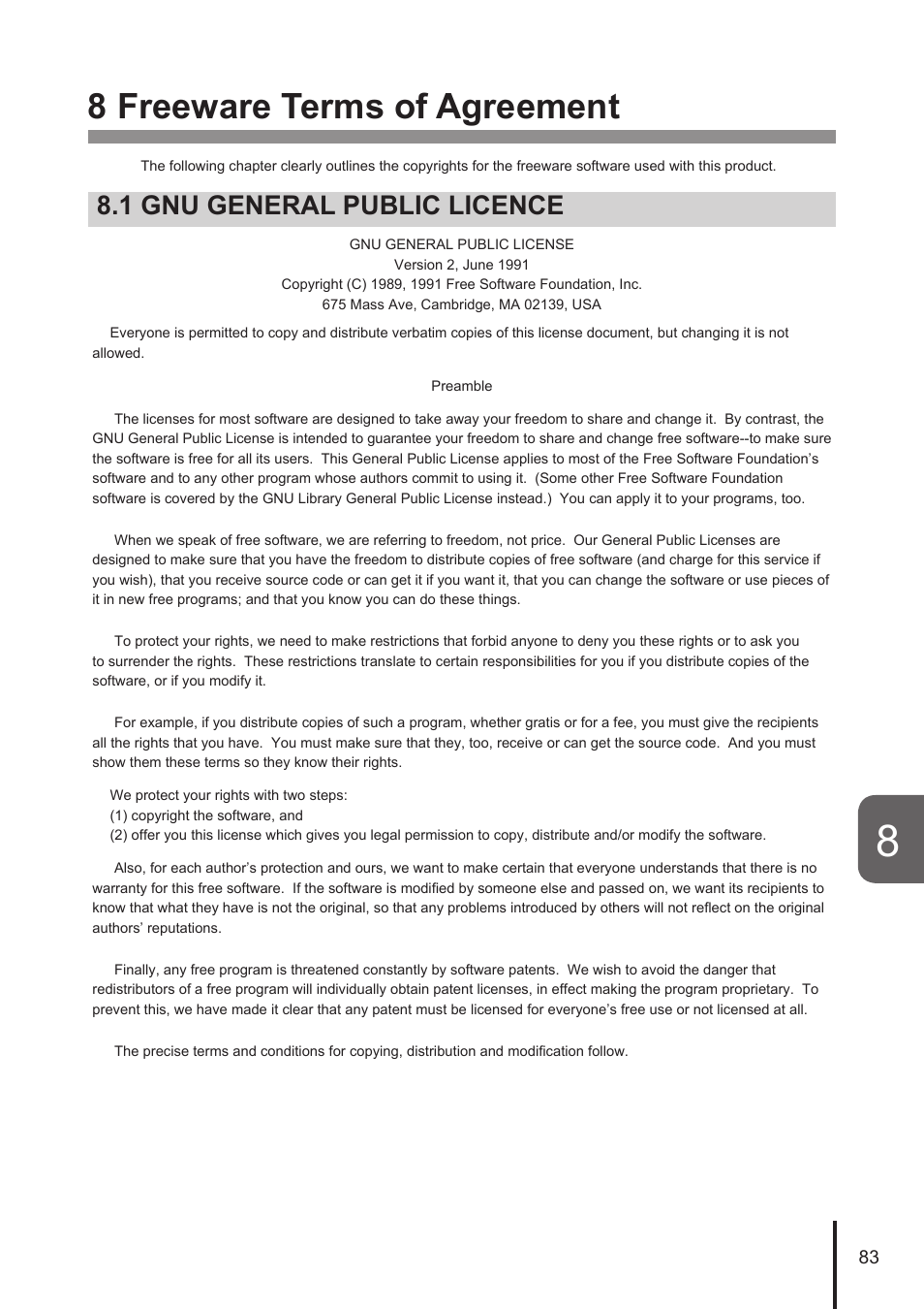 8 freeware terms of agreement, 1 gnu general public licence | PATLITE NHL User Manual | Page 83 / 95