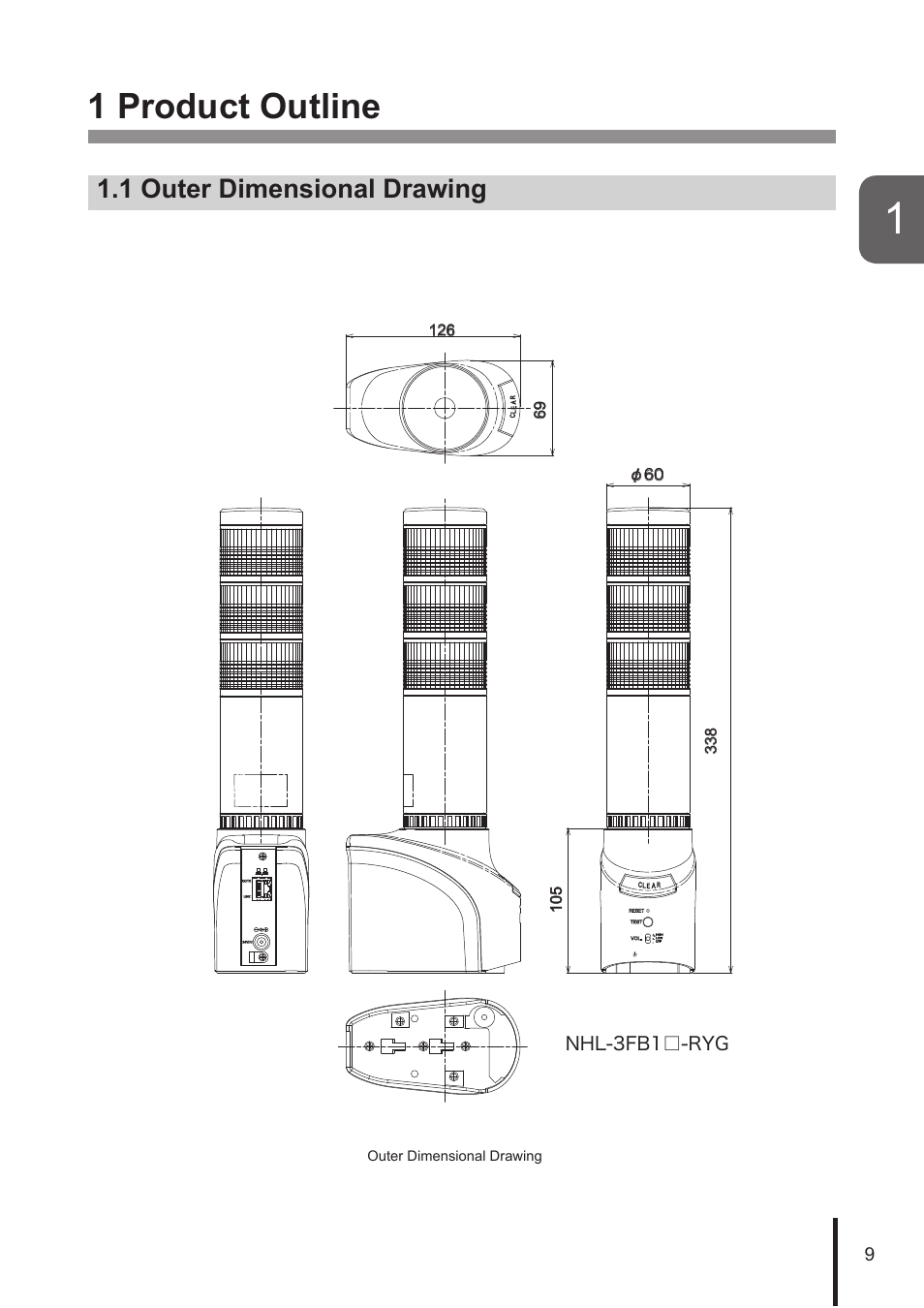 1 product outline, 1 outer dimensional drawing | PATLITE NHL User Manual | Page 9 / 95