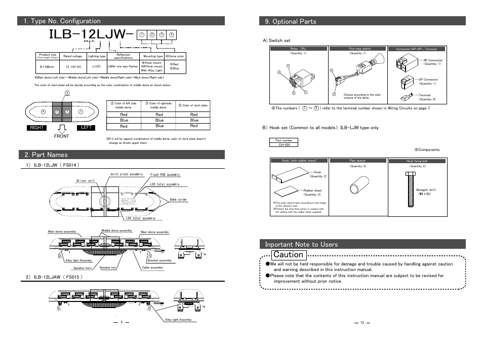 Ilb-12ljw, Caution, Type no. configuration 2. part names | Optional parts | PATLITE ILB-12LJAW User Manual | Page 4 / 8