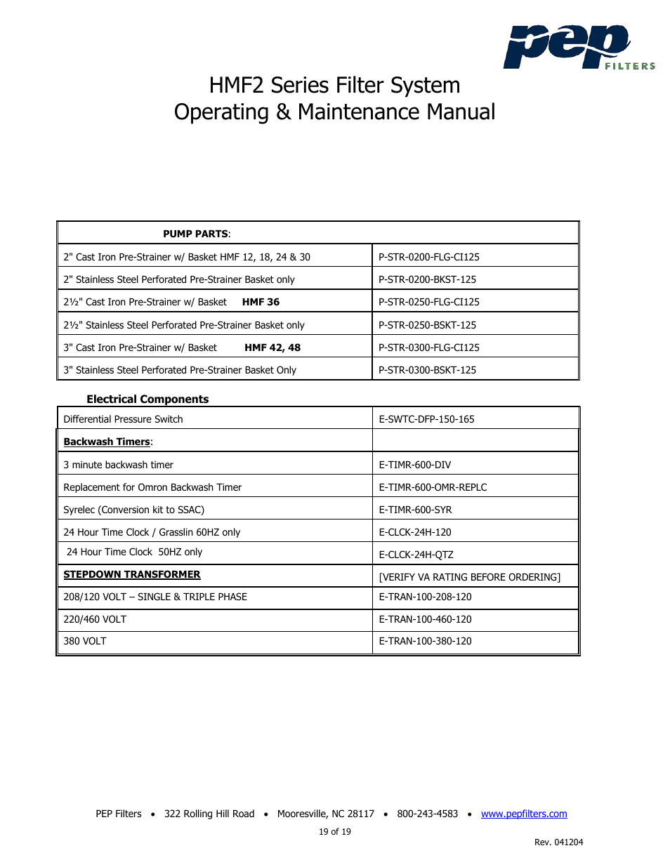 PEP Filters HMF2 User Manual | Page 19 / 19